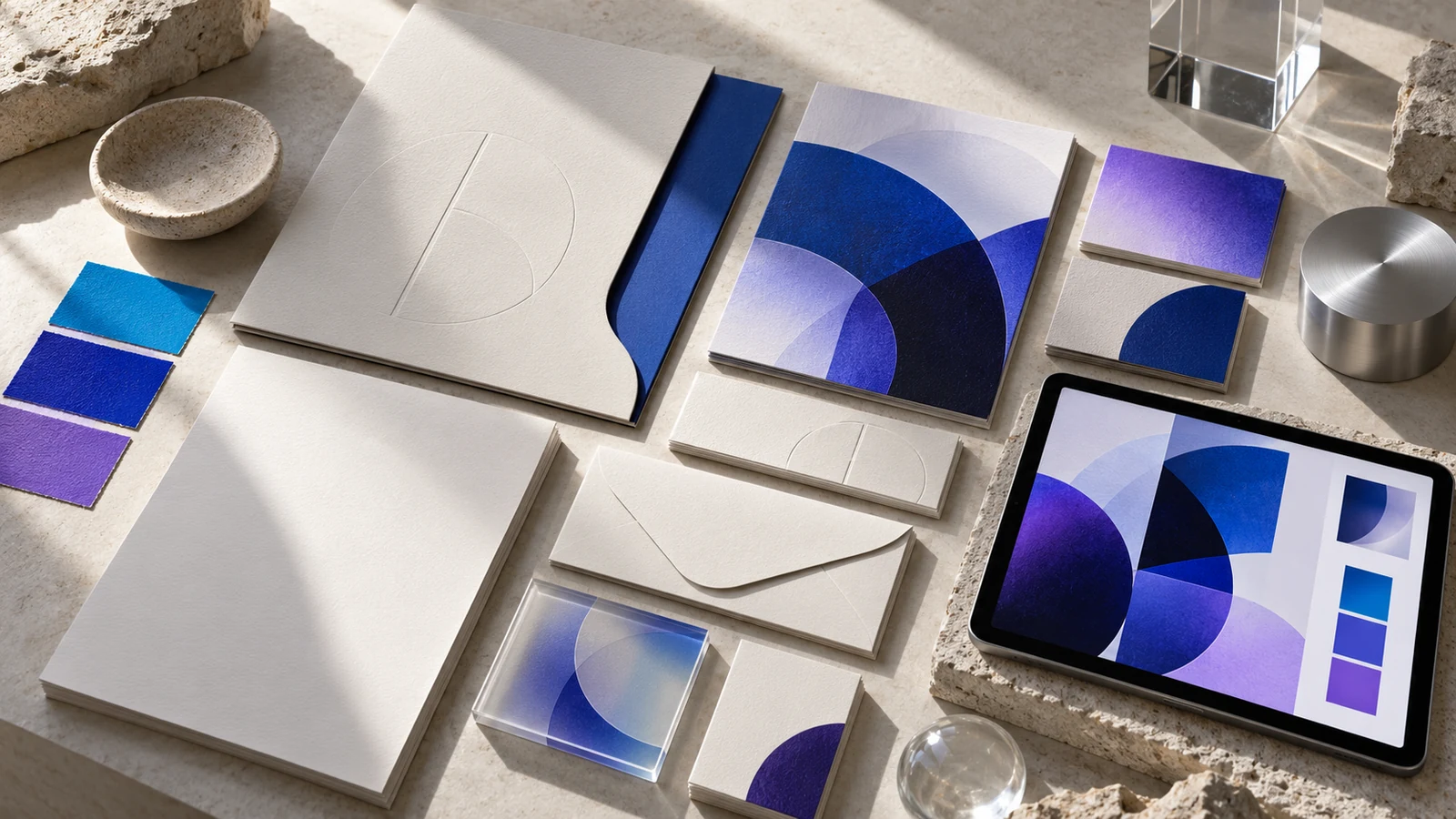 Conceptual brand design materials with cyan and violet swatches, textured stationery and a tablet.