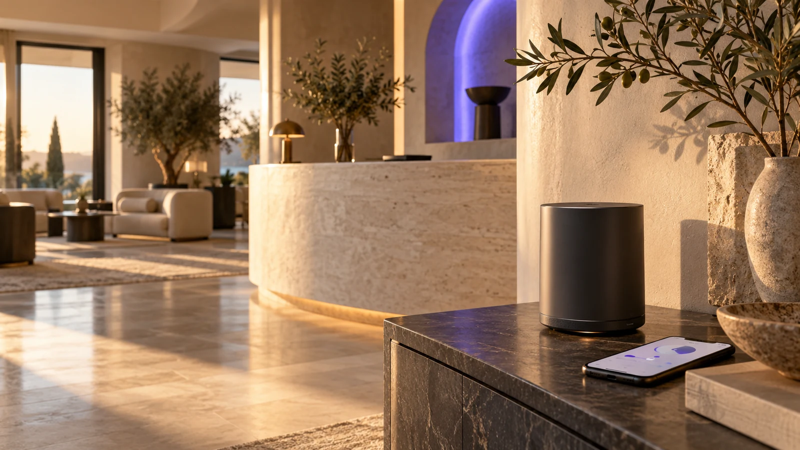 AI concept of a refined reception with a compact aroma diffuser and a mobile scheduling control.