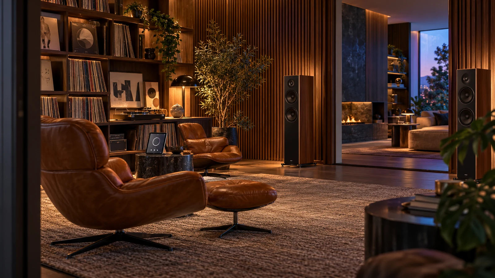AI concept of a walnut listening library with lounge chairs, speakers and a control tablet.