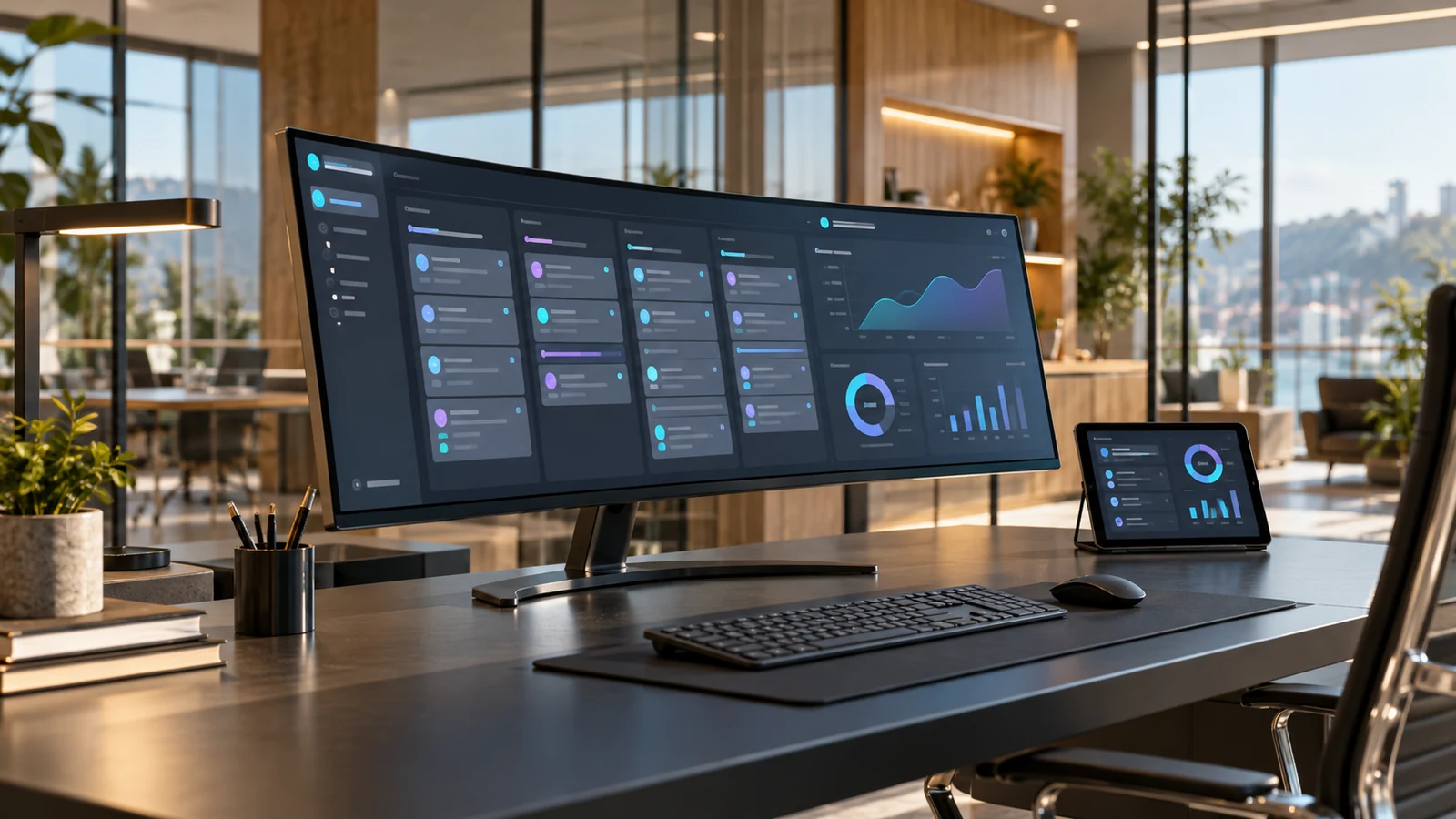 Conceptual office workstation with workflow columns and business reporting on a widescreen monitor.