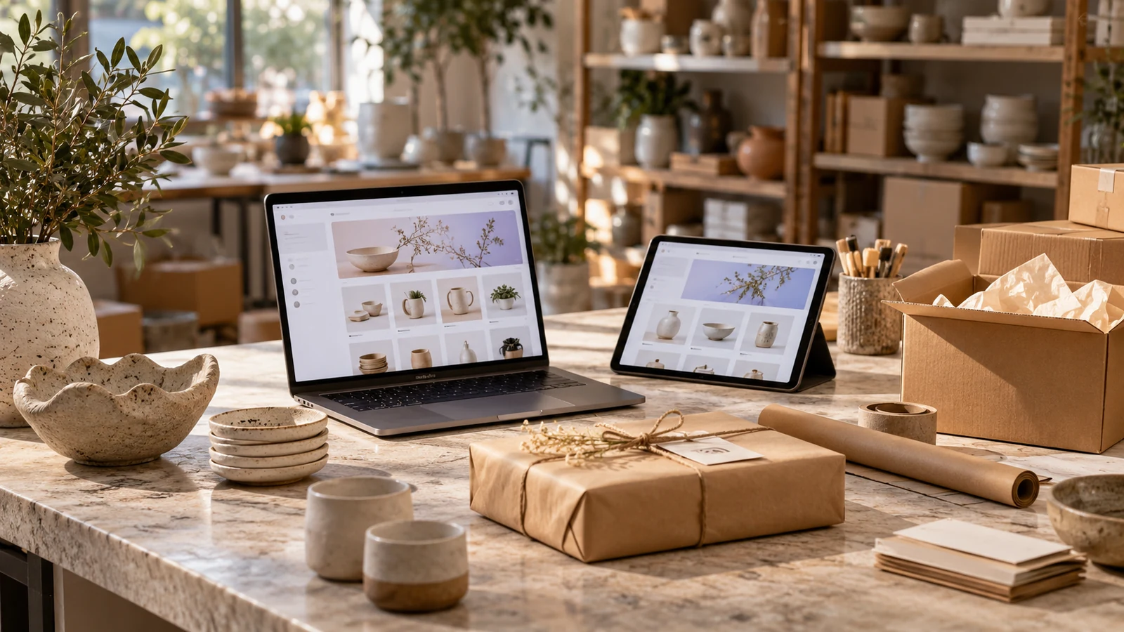 Conceptual ceramics store workspace with an online product catalog, products and order packaging.