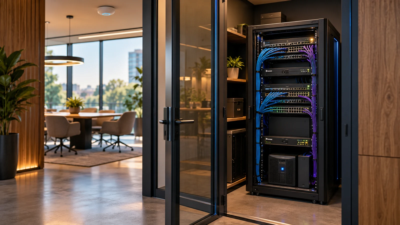 Conceptual office with an organized network cabinet and neatly routed patch cables.