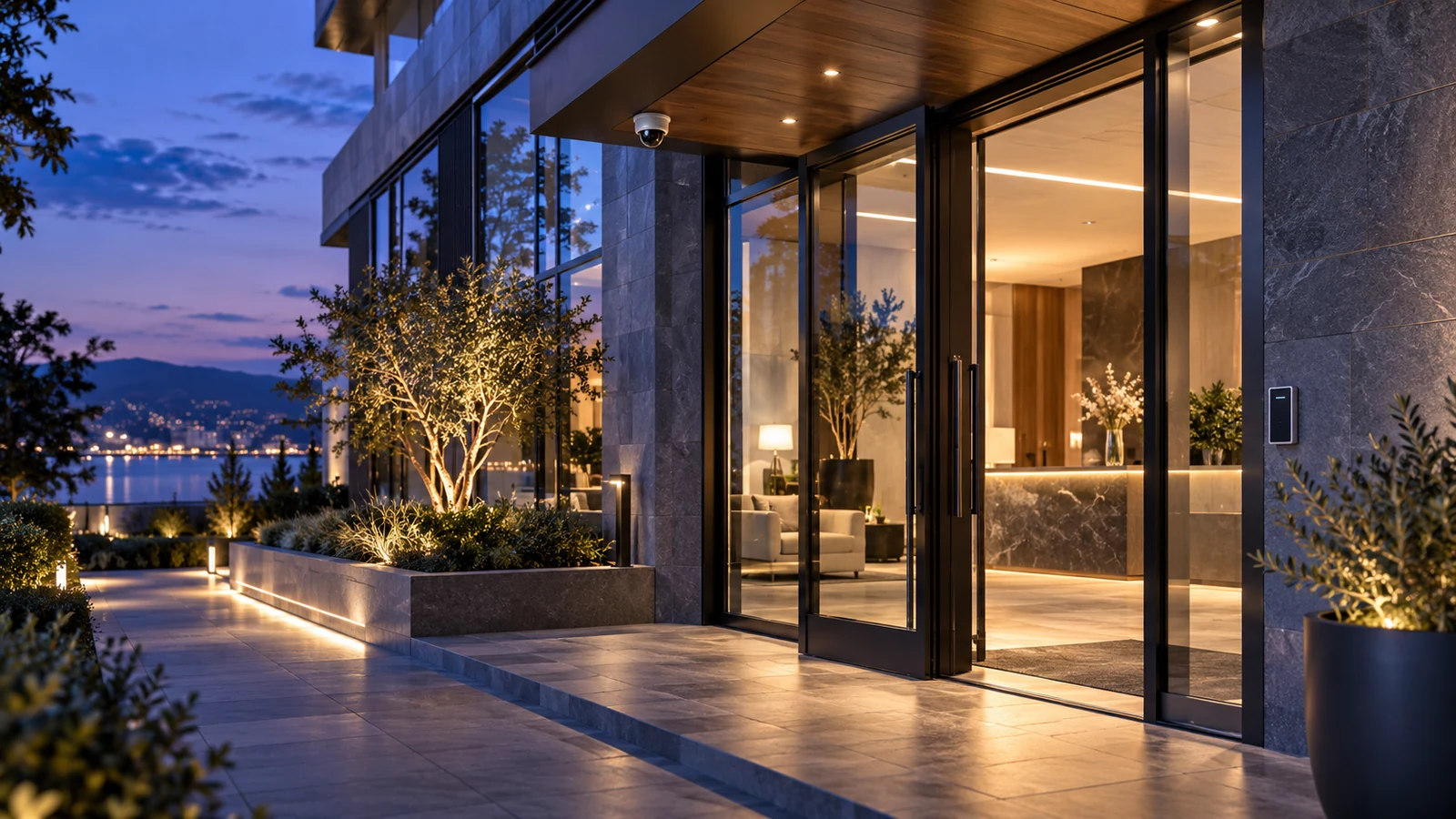 AI concept of a boutique business entrance with discreet camera placement and an access reader.