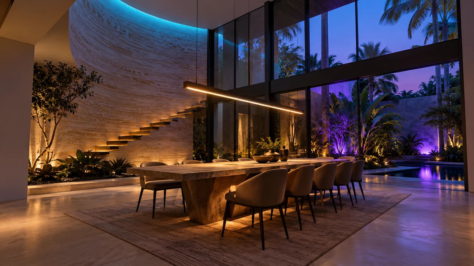 AI concept of a luxury dining pavilion with warm table lighting and cyan-violet architectural accents.
