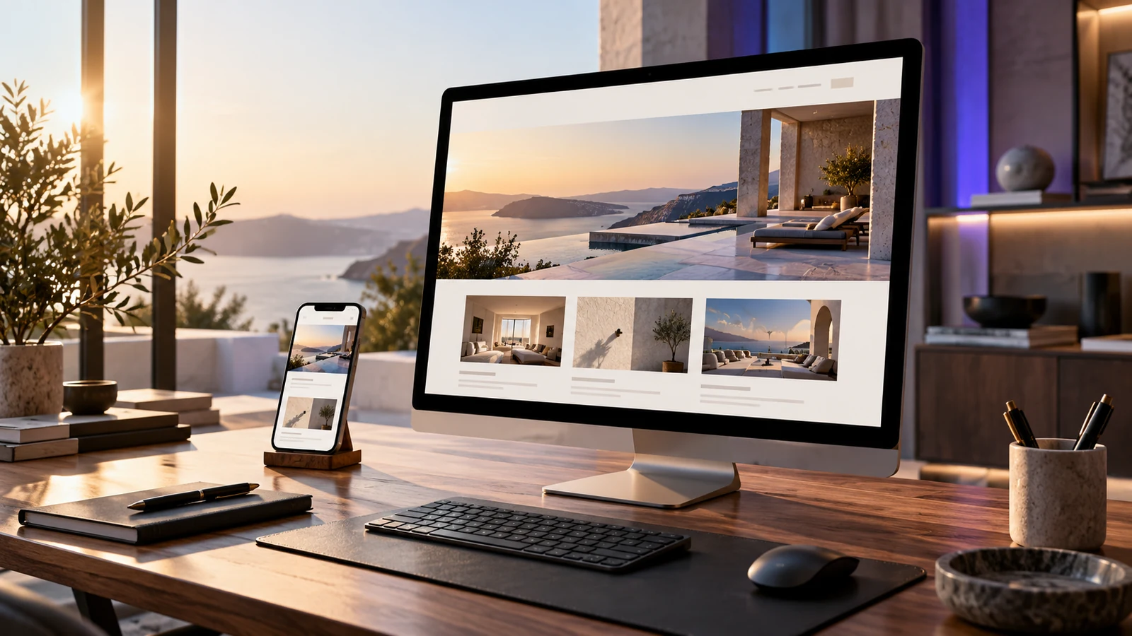 Conceptual design studio with a responsive website displayed on a desktop monitor and phone.